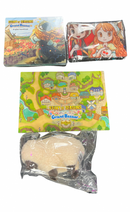 Story of Seasons Grand Bazaar Premium Edition Nintendo Switch 2 for farming simulation role playing video game fans featuring crop growing animal care fishing cooking crafting relationships seasonal festivals town development marketplace trading and Premium Edition collectible content gaming appeal plushie cloth towel art book OST soundtrack