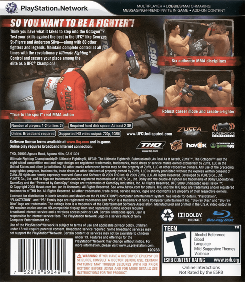 UFC 2009 Undisputed back cover art for PlayStation 3 (PS3) video game