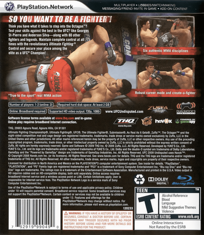 UFC 2009 Undisputed back cover art for PlayStation 3 (PS3) video game