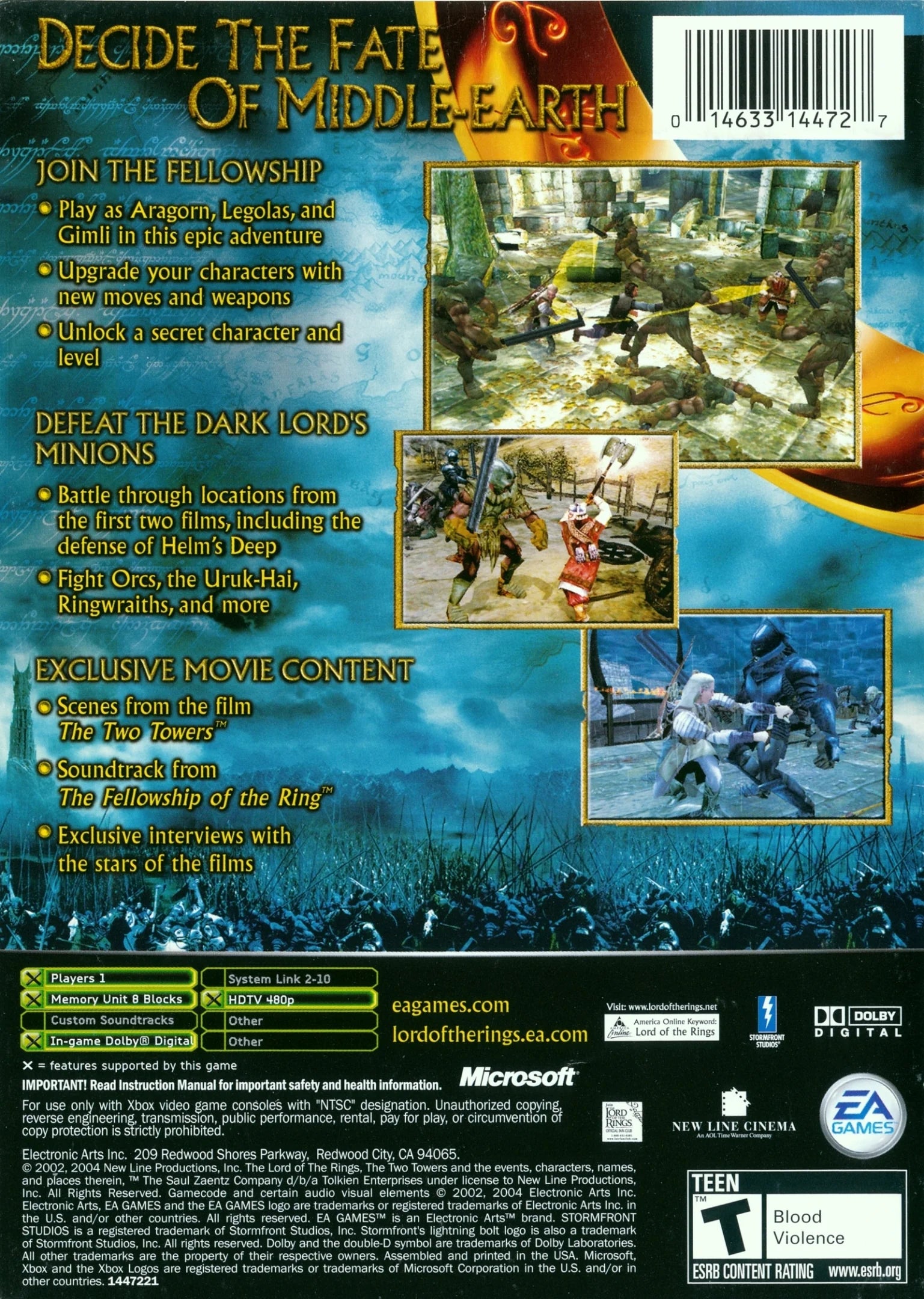 The Lord of the Rings The Two Towers Xbox inspired design featuring epic fantasy action adventure aesthetic Middle Earth warfare heroic battles against the forces of Mordor sword combat iconic fellowship characters cinematic Tolkien inspired gameplay presentation back cover