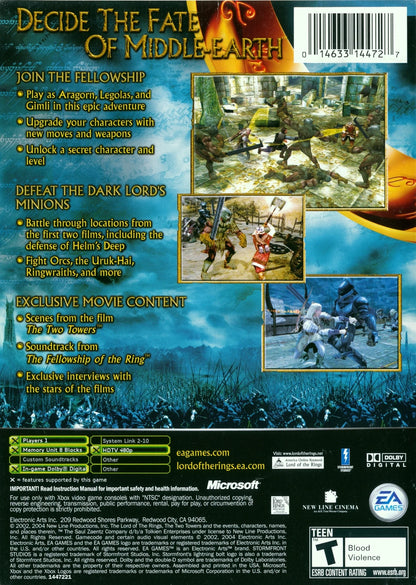 The Lord of the Rings The Two Towers Xbox inspired design featuring epic fantasy action adventure aesthetic Middle Earth warfare heroic battles against the forces of Mordor sword combat iconic fellowship characters cinematic Tolkien inspired gameplay presentation back cover