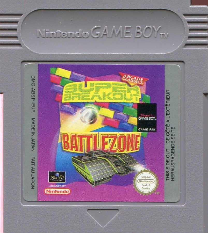 Arcade Classic Super Breakout and Battlezone Nintendo Game Boy GB video game collection featuring two classic Atari arcade games paddle and ball action Breakout brick breaking gameplay Battlezone vector graphics tank combat first person arcade shooting obstacle avoidance high score challenges and retro handheld arcade gaming retro video game collection collectible gaming appeal game cartridge
