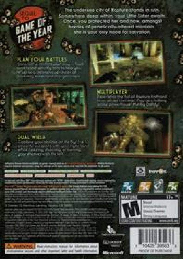 BioShock 2 Xbox 360 X360 for first person shooter and immersive storytelling video game fans featuring underwater city exploration plasmid abilities weapon customization Big Daddy gameplay challenging enemies atmospheric environments moral choices and gripping science fiction horror gameplay collectible gaming appeal back


