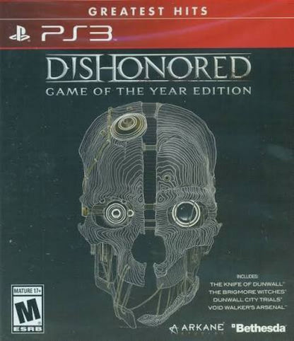 Dishonored Game of the Year Greatest Hits PlayStation 3 PS3 for retro video game enthusiasts featuring first person stealth action gameplay supernatural powers immersive assassination missions branching choices open ended level design steampunk inspired world and collectible gaming appeal front cover