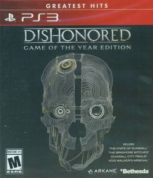 Dishonored Game of the Year Greatest Hits PlayStation 3 PS3 for retro video game enthusiasts featuring first person stealth action gameplay supernatural powers immersive assassination missions branching choices open ended level design steampunk inspired world and collectible gaming appeal front cover