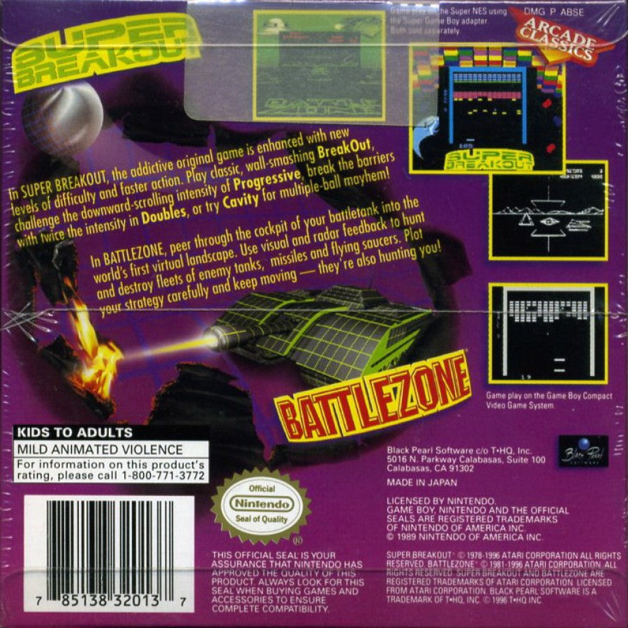 Arcade Classic Super Breakout and Battlezone Nintendo Game Boy GB video game collection featuring two classic Atari arcade games paddle and ball action Breakout brick breaking gameplay Battlezone vector graphics tank combat first person arcade shooting obstacle avoidance high score challenges and retro handheld arcade gaming retro video game collection collectible gaming appeal back cover art