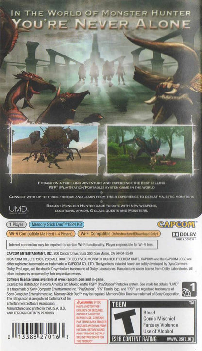 Monster Hunter Freedom Unite PlayStation Portable PSP video game, action RPG, cooperative monster hunting, expanded content edition, handheld console title gameplay screenshot