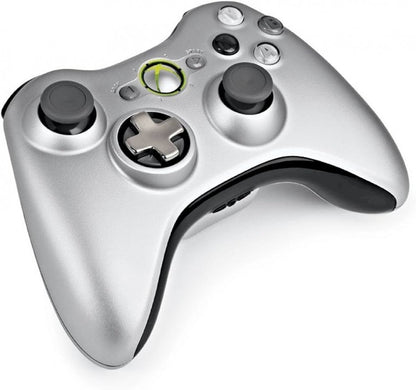 Silver Xbox 360 controller with ergonomic design and classic Xbox button layout