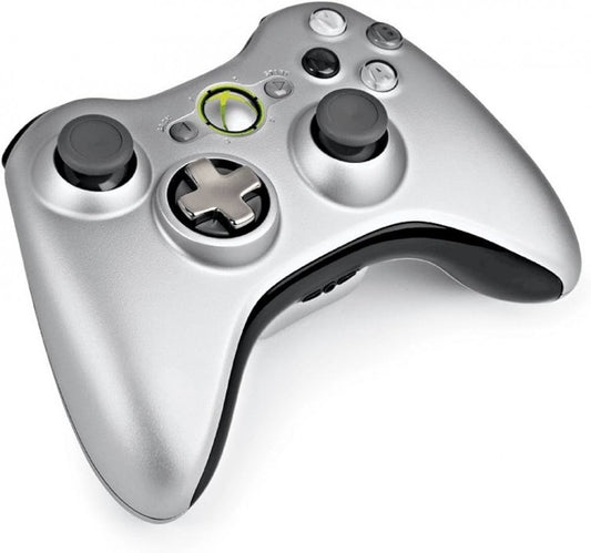Silver Xbox 360 controller with ergonomic design and classic Xbox button layout