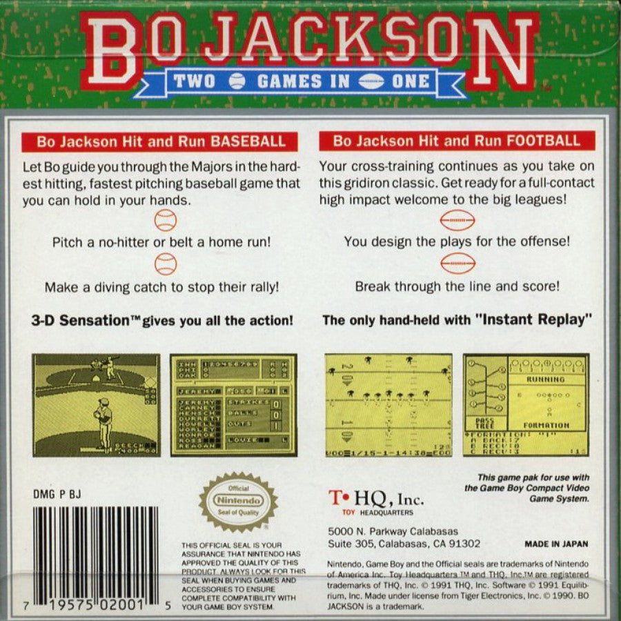 Bo Jackson Two Games in One Nintendo Game Boy (GB) back of case for retro video game enthusiasts featuring multi sport action gameplay baseball football and track and field challenges fast paced arcade style sports mechanics athletic competition as Bo Jackson iconic athlete crossover gameplay portable handheld gaming experience and collectible gaming appeal