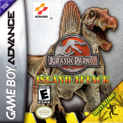 Jurassic Park III Island Attack Game Boy Advance GBA for action adventure video game fans featuring dinosaur encounters island exploration survival gameplay platforming combat challenging levels Jurassic Park environments and classic portable Nintendo gameplay collectible gaming appeal front cover art