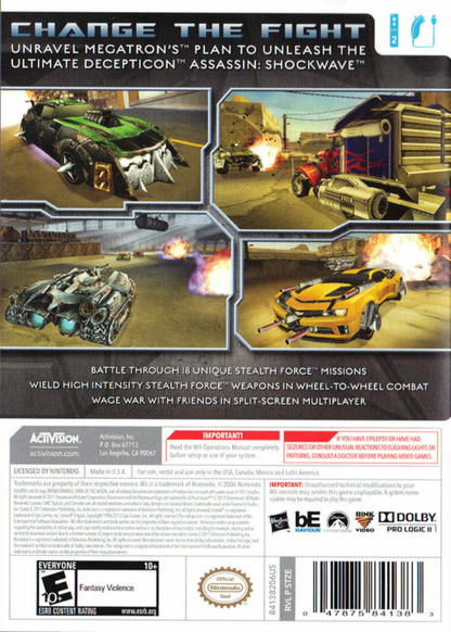 Transformers: Dark of the Moon back cover art for Nintendo Wii (Wii) featuring action battles with Autobots and Decepticons in missions tied to the film storyline
