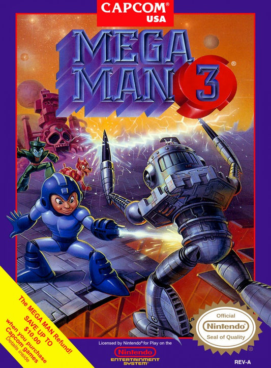 Mega Man 3 Nintendo Entertainment System NES video game featuring action platforming gameplay Mega Man robot battles enemy encounters weapon abilities boss fights challenging stages side scrolling action and classic 8 bit Capcom Nintendo gameplay retro video game collection collectible gaming appeal front cover art