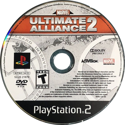 Marvel Ultimate Alliance 2 PlayStation 2 action RPG superhero team video game featuring Spider-Man Wolverine Captain America Iron Man Civil War storyline pro-registration anti-registration conflict fusion powers character customization four-player co-op beat em up gameplay comic book villain team ups Marvel universe roster alternate costumes stat upgrades disc