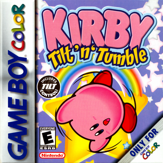 Kirby Tilt 'n' Tumble cartridge for the Game Boy Color featuring tilt controlled platforming gameplay with motion based puzzles collectible items and colorful levels starring Kirby cover art
