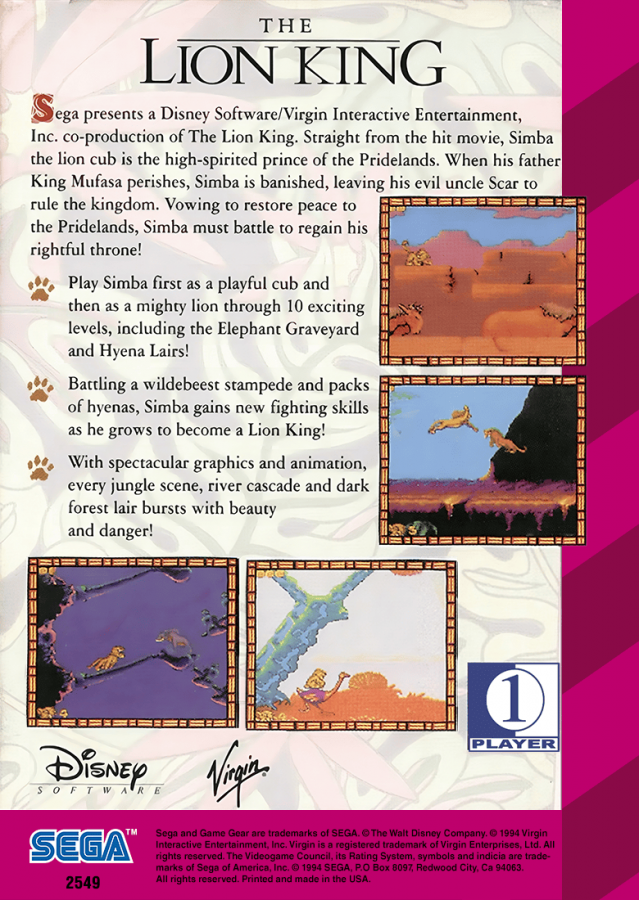 Disney's The Lion King back cover art for Sega Game Gear (GG) video game