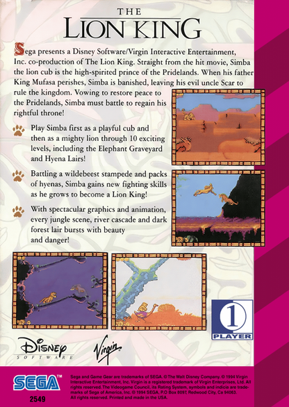 Disney's The Lion King back cover art for Sega Game Gear (GG) video game