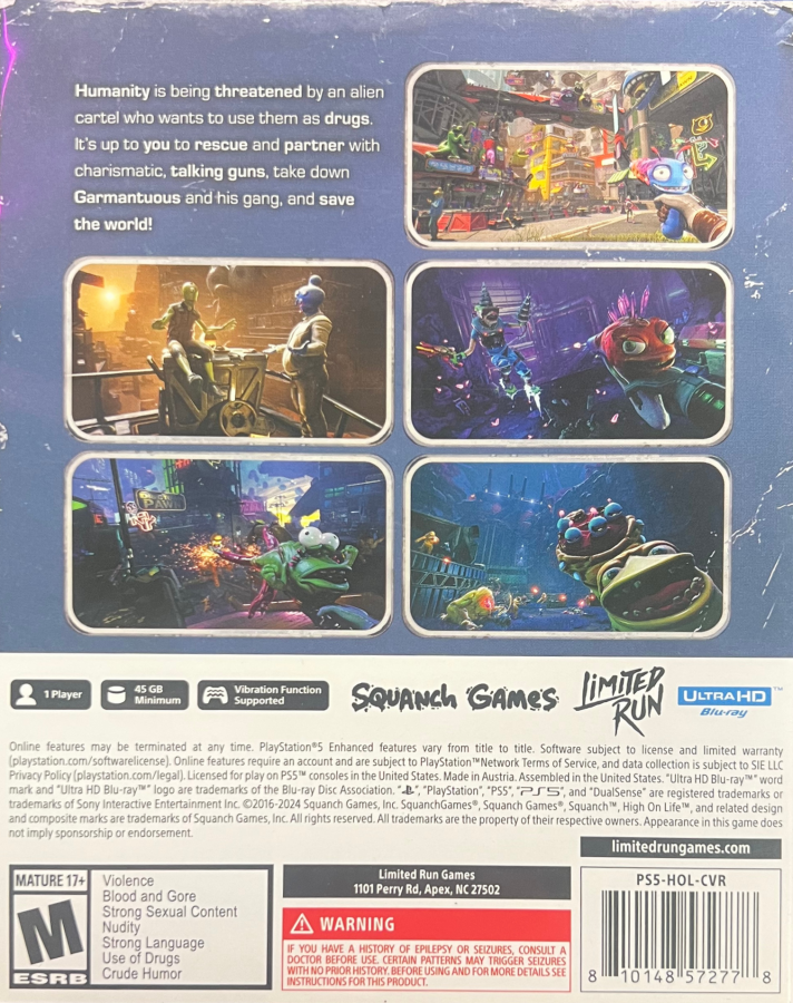 High on Life PlayStation 5 PS5 for first person shooter video game fans featuring comedic sci fi action colorful alien worlds talking weapons bounty hunting missions platforming exploration boss battles unique characters and irreverent humor with immersive next generation gameplay collectible gaming appeal back cover art