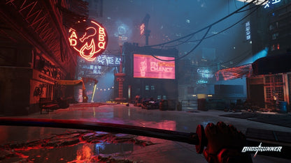 Ghostrunner game for the Xbox Series X featuring fast paced first person action gameplay with parkour movement one hit combat cyberpunk environments and precision platforming as players slice through enemies in a futuristic city gameplay