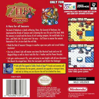 The Legend of Zelda: Oracle of Seasons Nintendo Game Boy Color GBC for action adventure retro video game fans featuring seasonal puzzle solving epic exploration dungeon crawling sword combat magical abilities fantasy world classic handheld gaming collectible gaming appeal back of case