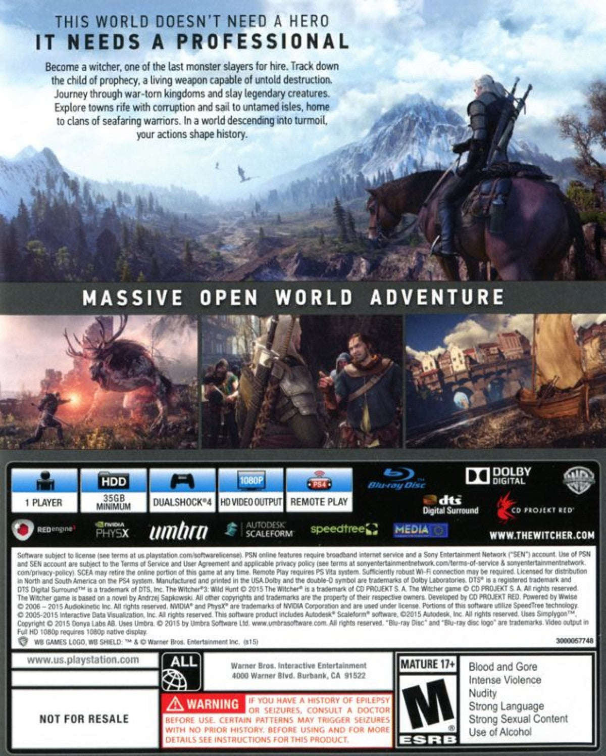 The Witcher 3: Wild Hunt – PlayStation 4 (PS4) video game back of case, open-world action role-playing game