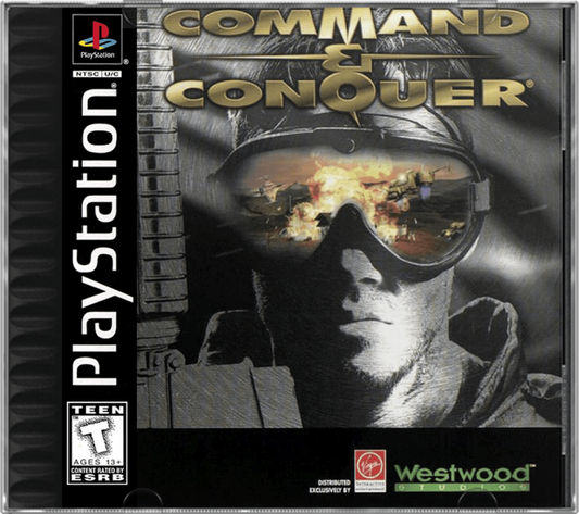 Command and Conquer PlayStation 1 real-time strategy video game GDI NOD factions base building resource harvesting Tiberium ore multiplayer link cable support campaign missions FMV cutscenes Kane commander classic RTS port cover art