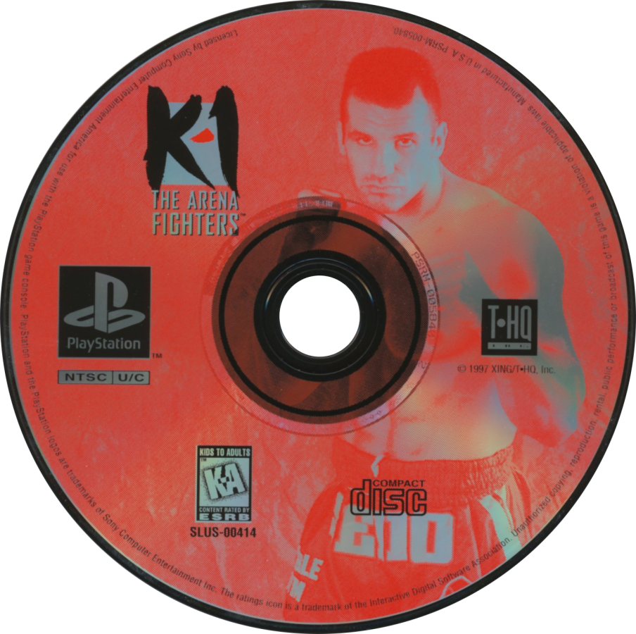 K-1 The Arena Fighters is a 3D kickboxing fighting game for the original PlayStation (PS1), featuring eight real-world K-1 fighters, multiple game modes including One Player, VS, Tournament, and Team Battle, and strategic combat focused on punches, kicks, stamina, power management, and signature moves disc