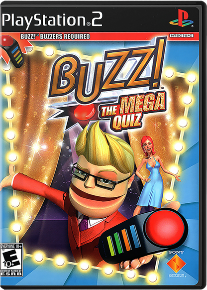 Buzz! The Mega Quiz for PlayStation 2 with general knowledge and multiplayer quiz gameplay cover art