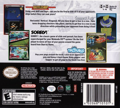 Battleship / Connect Four / Sorry / Trouble for Nintendo DS (DS), back of case for a retro video game featuring classic board game adaptations, strategy gameplay, multiplayer modes, puzzle challenges, and family-friendly competitive fun