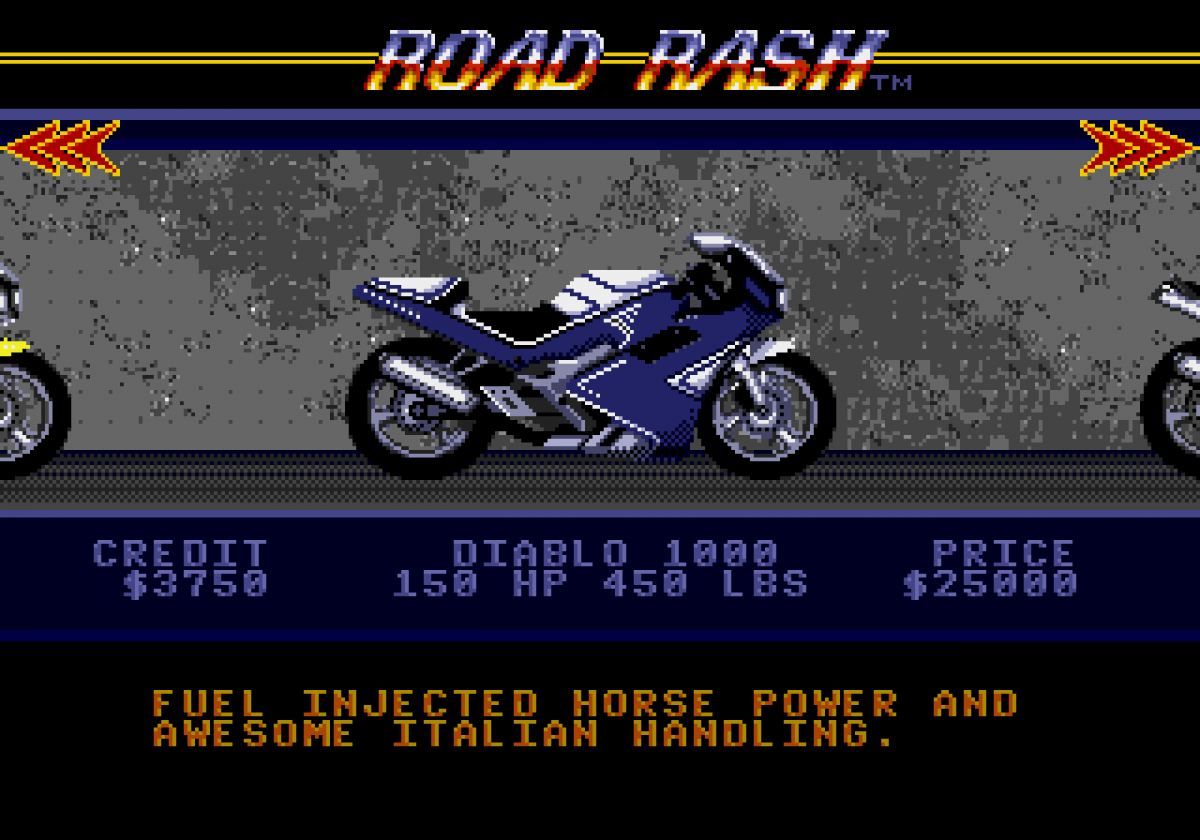 Road Rash Sega Genesis video game, motorcycle racing combat, arcade-style gameplay, retro EA sports action title bike selection