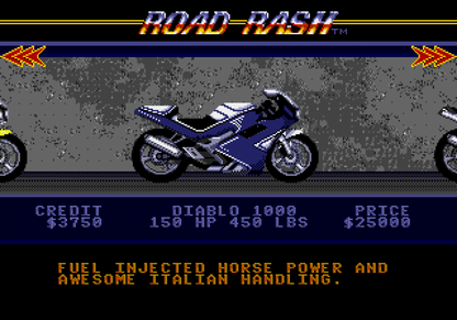 Road Rash Sega Genesis video game, motorcycle racing combat, arcade-style gameplay, retro EA sports action title bike selection