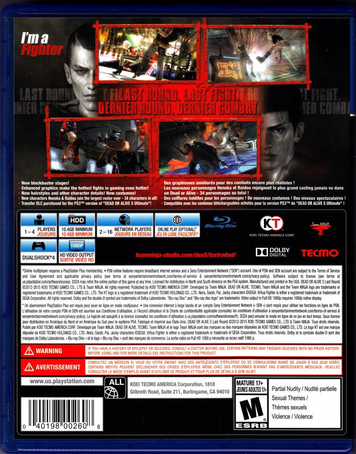 Dead or Alive 5 Last Round for PlayStation 4 3D fighting game featuring fast paced martial arts battles interactive stages character costumes and competitive versus gameplay back cover