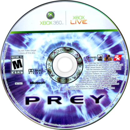 Prey for Xbox 360 first person shooter video game featuring a sci-fi horror storyline gravity-defying gameplay alien environments and fast paced action based on the cult classic franchise disc