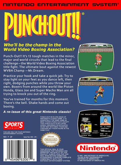 Punch Out Nintendo Entertainment System NES video game featuring boxing sports gameplay Little Mac boxing matches opponent battles dodging punches counter attacks knockout challenges training and classic 8 bit Nintendo arcade sports gameplay retro video game collection collectible gaming appeal back cover art