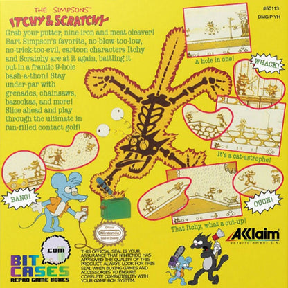 Itchy and Scratchy's Miniature Golf Madness Nintendo Game Boy GB for retro video game enthusiasts featuring miniature golf sports gameplay cartoon inspired courses obstacle filled challenges precision putting family friendly handheld gaming and collectible gaming appeal back cover art