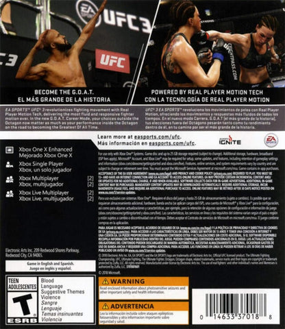 UFC 3 Xbox One for retro video game enthusiasts featuring mixed martial arts fighting gameplay realistic striking and grappling systems career mode progression competitive online multiplayer authentic UFC fighters and collectible gaming appeal back cover