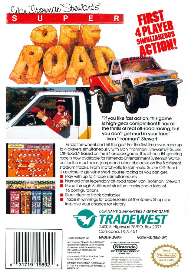 Super Off Road retro NES video game Super Off Road arcade racing off road trucks multiplayer competitive gameplay classic racing action console title Nintendo Entertainment System release back of case