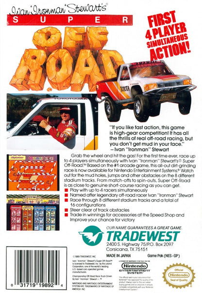 Super Off Road retro NES video game Super Off Road arcade racing off road trucks multiplayer competitive gameplay classic racing action console title Nintendo Entertainment System release back of case