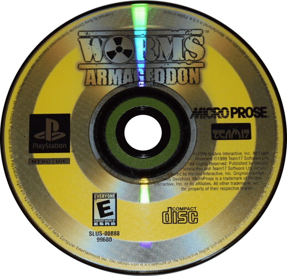 Worms Armageddon for PlayStation 1, disc for a turn-based strategy video game with artillery combat, cartoon warfare, multiplayer battles, and classic tactical gameplay
