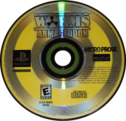 Worms Armageddon for PlayStation 1, disc for a turn-based strategy video game with artillery combat, cartoon warfare, multiplayer battles, and classic tactical gameplay