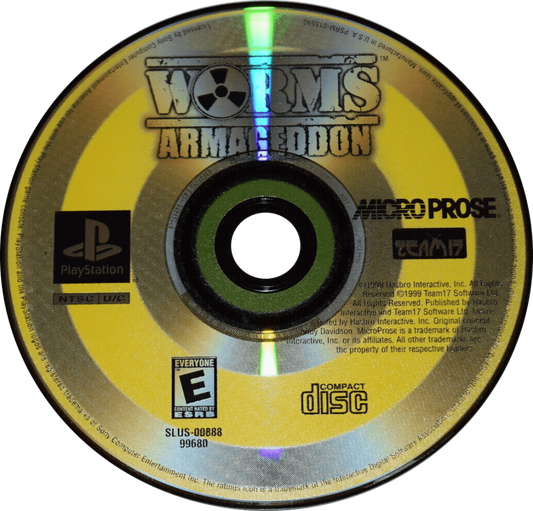 Worms Armageddon for PlayStation 1, disc for a turn-based strategy video game with artillery combat, cartoon warfare, multiplayer battles, and classic tactical gameplay