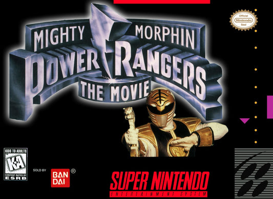 Mighty Morphin Power Rangers The Movie for Super Nintendo side scrolling beat em up featuring the Power Rangers battling enemies from the film with co op gameplay and action combat levels cover art