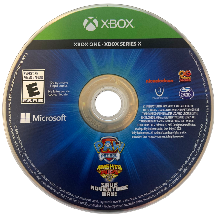 Paw Patrol: Mighty Pups Save Adventure Bay for Xbox One, disc image for a family-friendly action-adventure kids video game