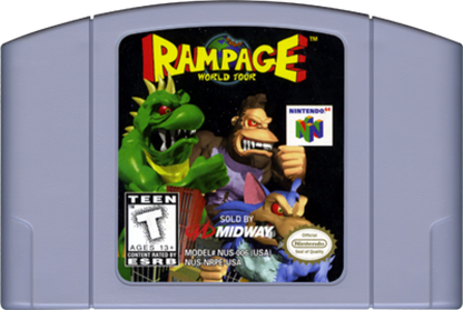 Rampage World Tour cartridge for the Nintendo 64 featuring arcade style destruction gameplay with giant monsters smashing cities battling military forces and cooperative multiplayer chaos across multiple locations cartridge