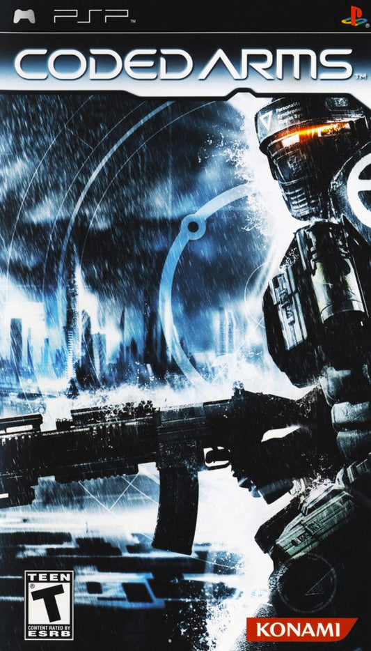 Coded Arms PlayStation Portable game featuring first-person shooter action and procedurally generated levels on PSP front cover