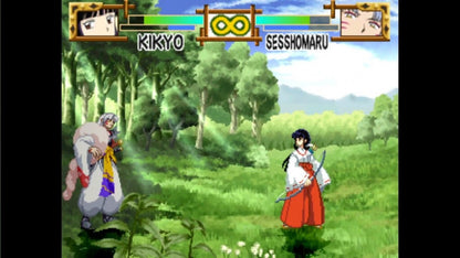 Retro InuYasha A Feudal Fairy Tale PS1 cover art inspired design featuring classic anime fighting game aesthetic vintage PlayStation arena combat Inuyasha Kagome feudal Japan demons sword battles cel shaded style nostalgic 90s anime game presentation gameplay