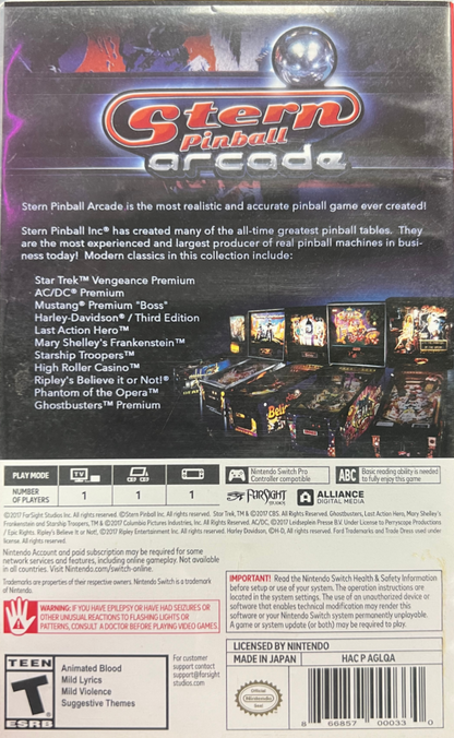 Stern Pinball Arcade Nintendo Switch NS for pinball video game fans featuring realistic digital pinball tables authentic Stern Pinball machines arcade gameplay high score challenges detailed table designs multiple game modes physics based action and portable gaming entertainment collectible gaming appeal back cover art