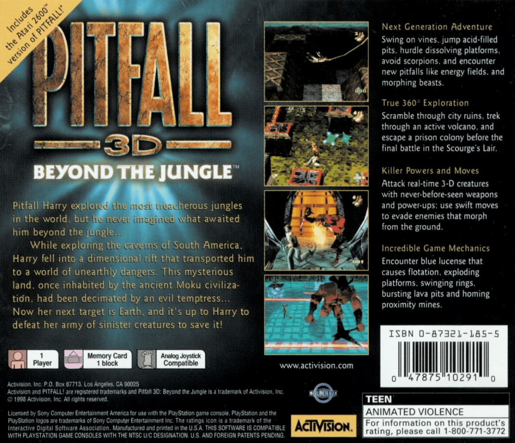 Pitfall 3D: Beyond the Jungle back of art for PlayStation 1 (PS1) action-adventure video game