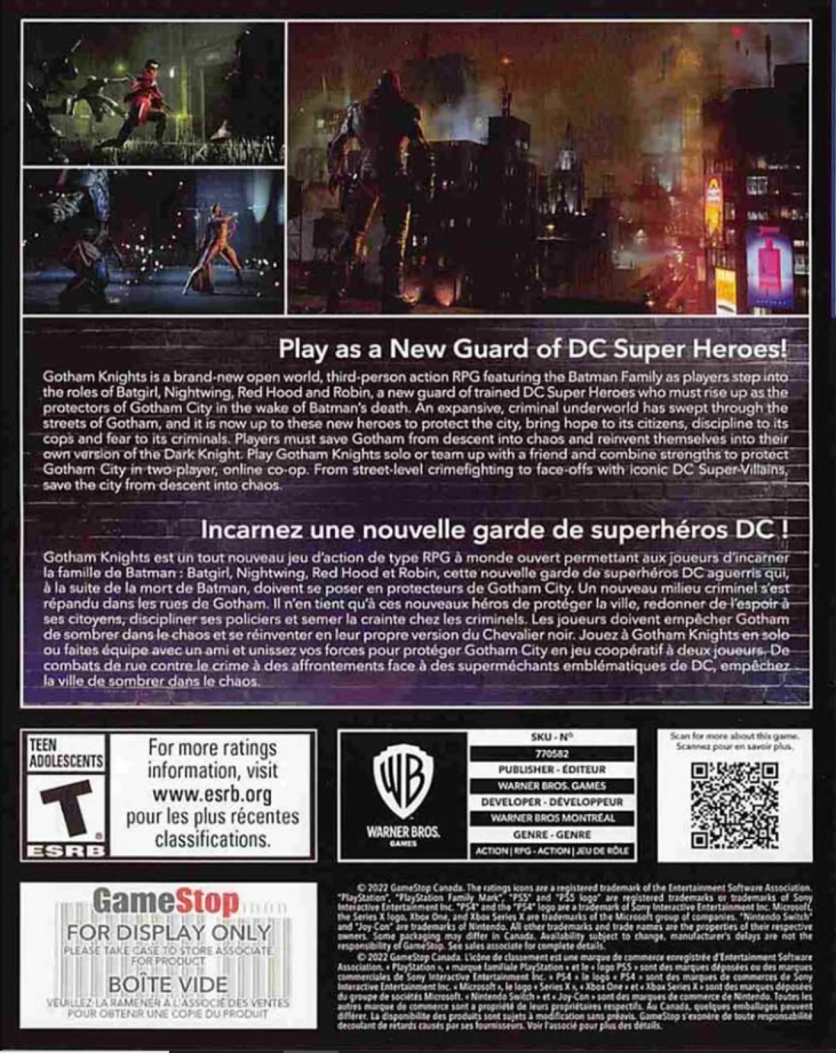 Gotham Knights PlayStation 5 PS5 action RPG video game featuring the Batfamily in open-world Gotham City co-op back cover
