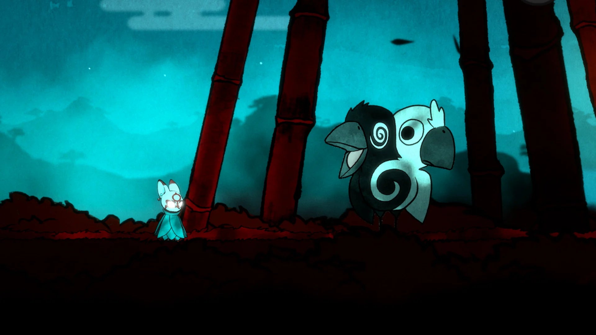 Bo Path of the Teal Lotus Nintendo Switch inspired design featuring hand drawn fantasy platform adventure aesthetic Japanese folklore inspiration graceful acrobatic combat mystical spirits beautiful watercolor environments metroidvania exploration gameplay presentation gameplay
